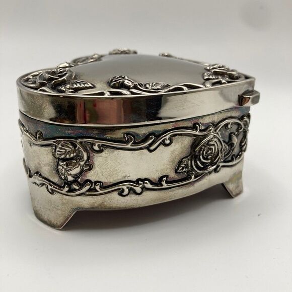 Vintage Regent Square Footed Silverplate Trinket Jewelry Box with Roses - Picture 8 of 10